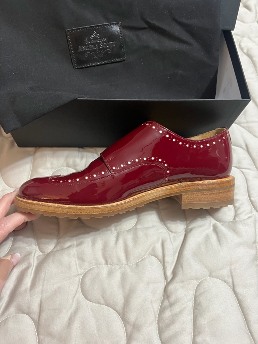 Angela Scott Women's Burgundy Patent Double Monk Shoes - Picture 4 of 6